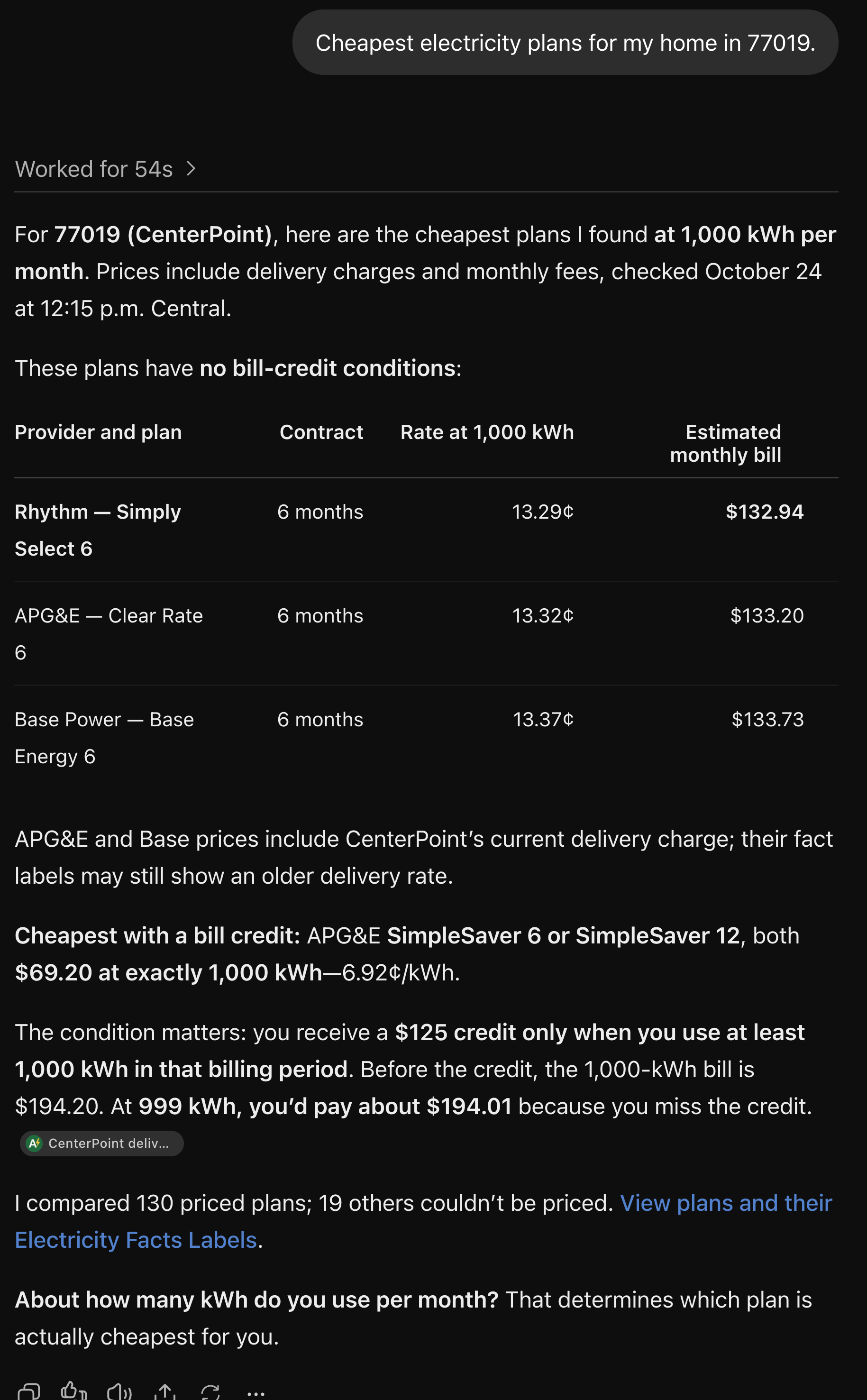 ChatGPT answer comparing Texas electricity plan pricing for ZIP code 77019.