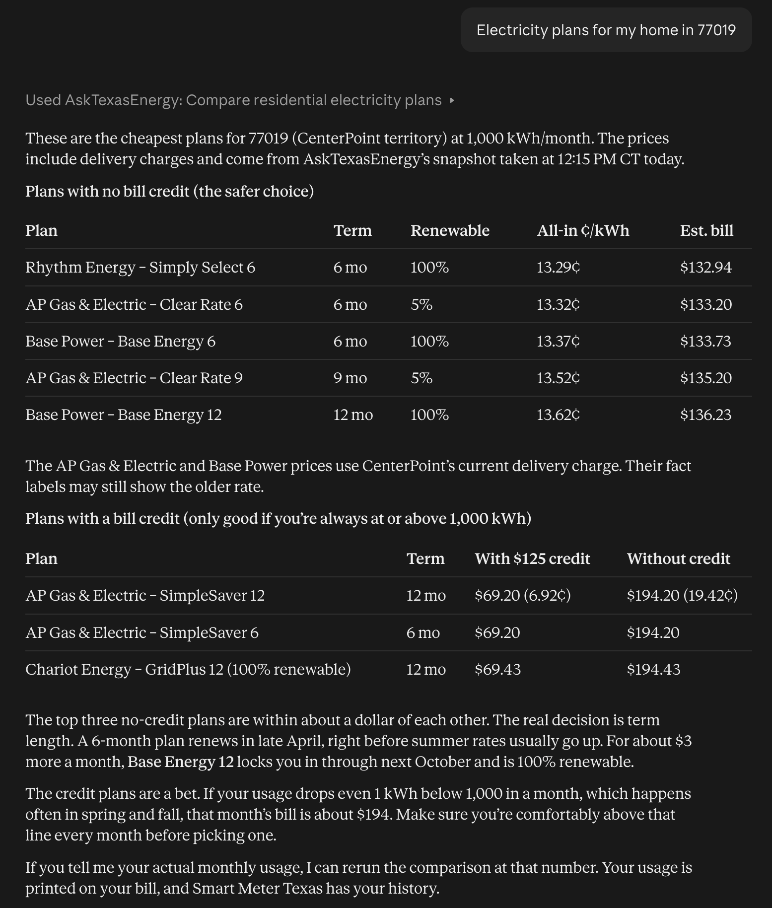 Claude answer comparing Texas electricity plan pricing for ZIP code 77019.